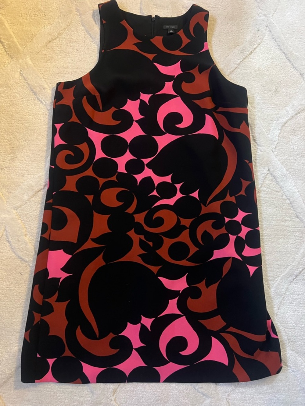 Ann Taylor Black Shift Dress with Pink & Brown Swirl Print